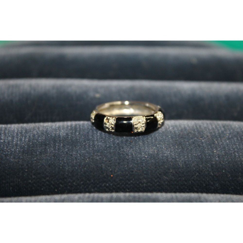 Black Stone Clear Rhinestone Silver Band Fashion Costume Ring‎ Size 6.5